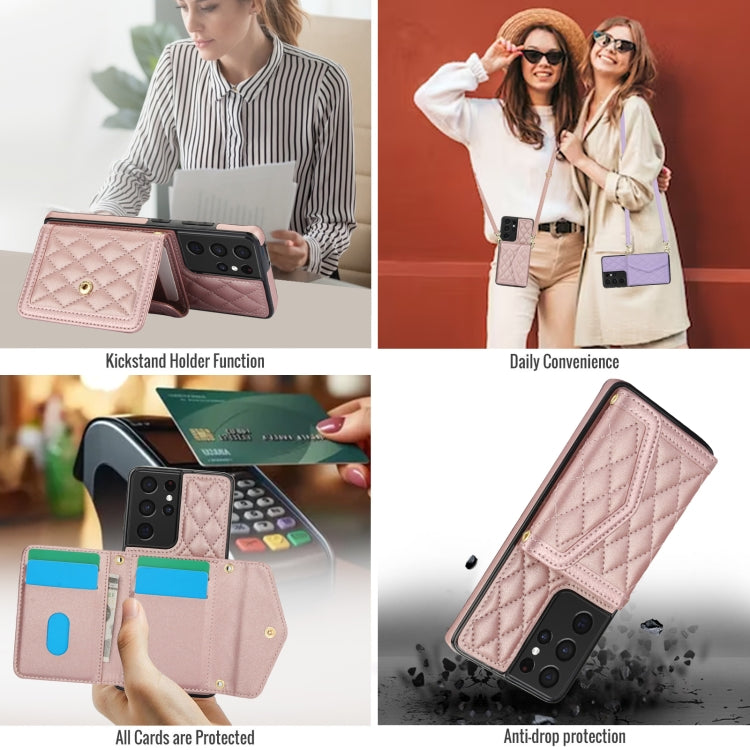 For Samsung Galaxy S21 Ultra 5G Splicing Rhombic Texture Card Bag Phone Case with Long Lanyard