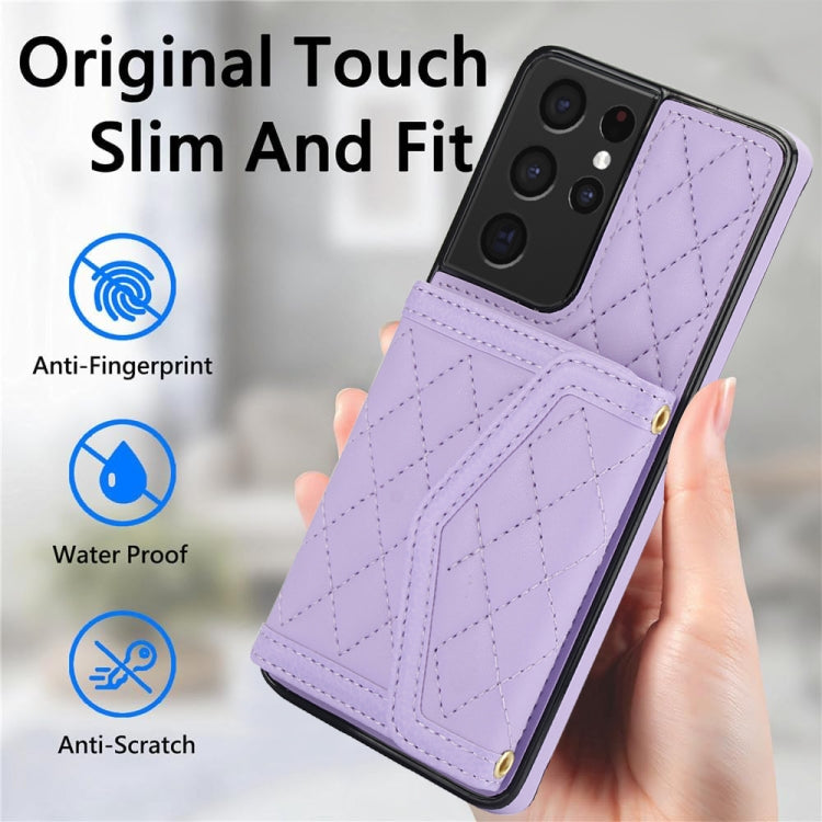 For Samsung Galaxy S21 Ultra 5G Splicing Rhombic Texture Card Bag Phone Case with Long Lanyard