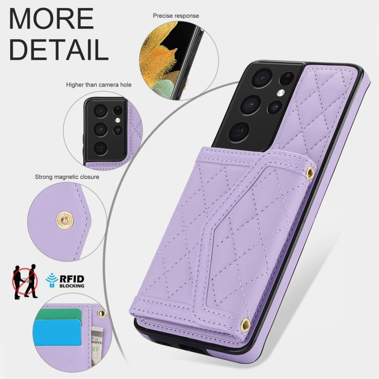 For Samsung Galaxy S21 Ultra 5G Splicing Rhombic Texture Card Bag Phone Case with Long Lanyard