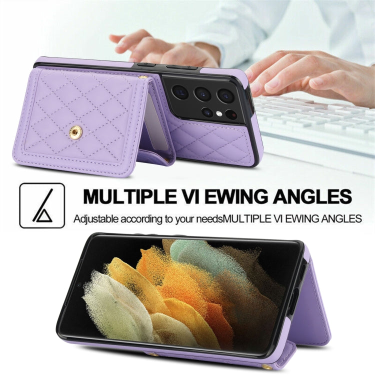 For Samsung Galaxy S21 Ultra 5G Splicing Rhombic Texture Card Bag Phone Case with Long Lanyard
