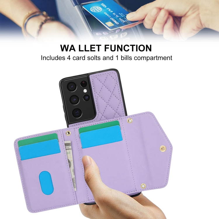 For Samsung Galaxy S21 Ultra 5G Splicing Rhombic Texture Card Bag Phone Case with Long Lanyard