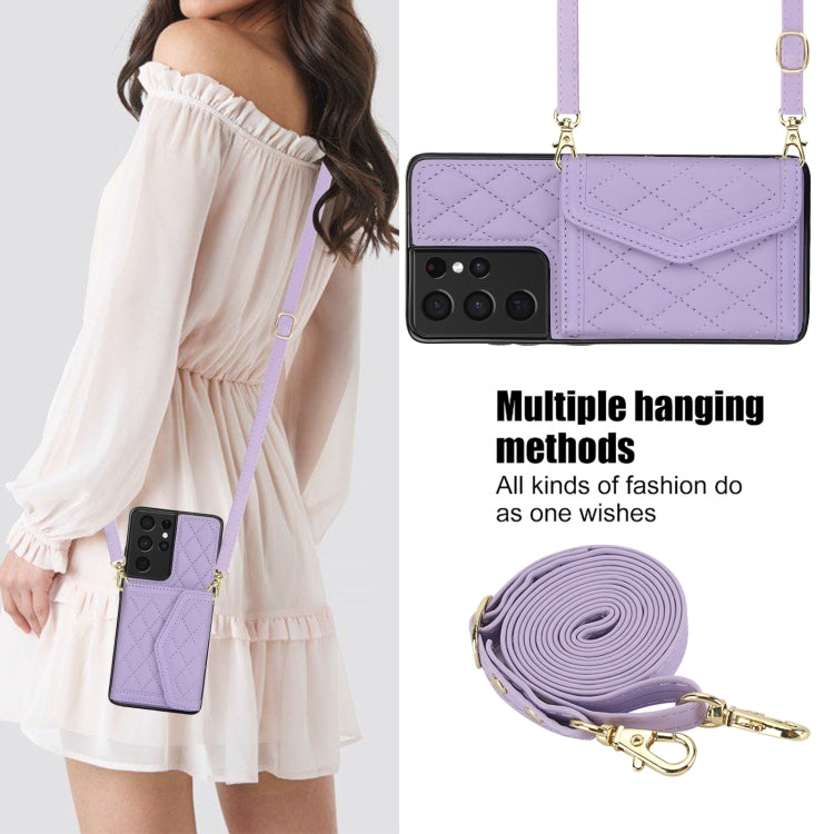 For Samsung Galaxy S21 Ultra 5G Splicing Rhombic Texture Card Bag Phone Case with Long Lanyard