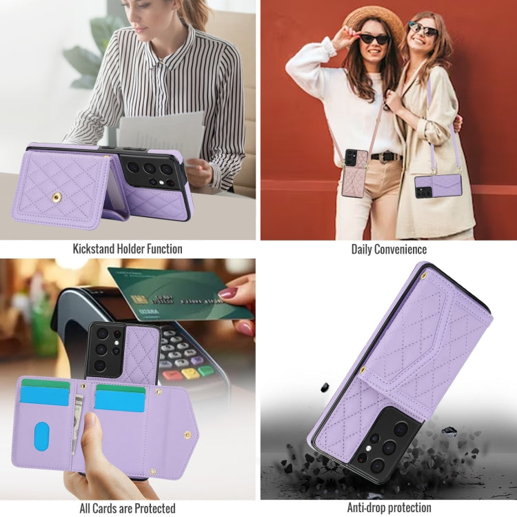 For Samsung Galaxy S21 Ultra 5G Splicing Rhombic Texture Card Bag Phone Case with Long Lanyard