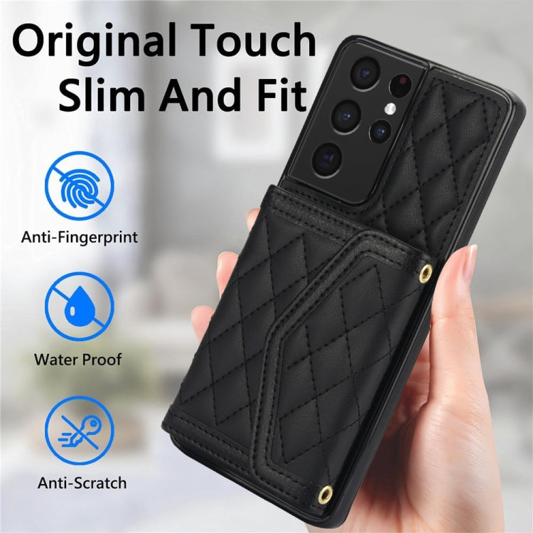 For Samsung Galaxy S21 Ultra 5G Splicing Rhombic Texture Card Bag Phone Case with Long Lanyard