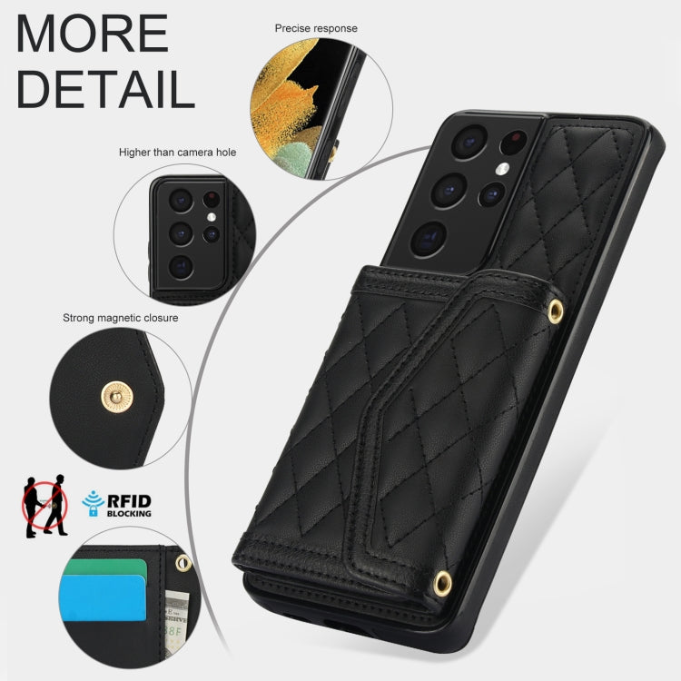 For Samsung Galaxy S21 Ultra 5G Splicing Rhombic Texture Card Bag Phone Case with Long Lanyard