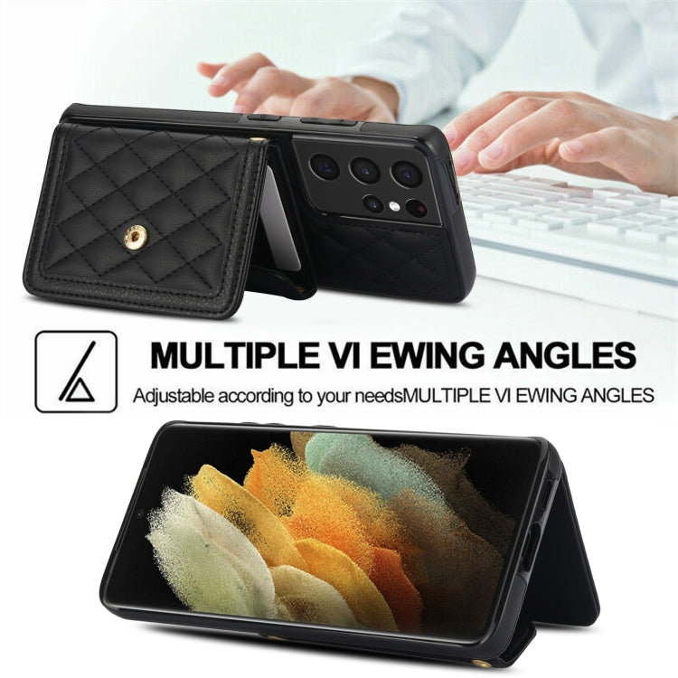 For Samsung Galaxy S21 Ultra 5G Splicing Rhombic Texture Card Bag Phone Case with Long Lanyard