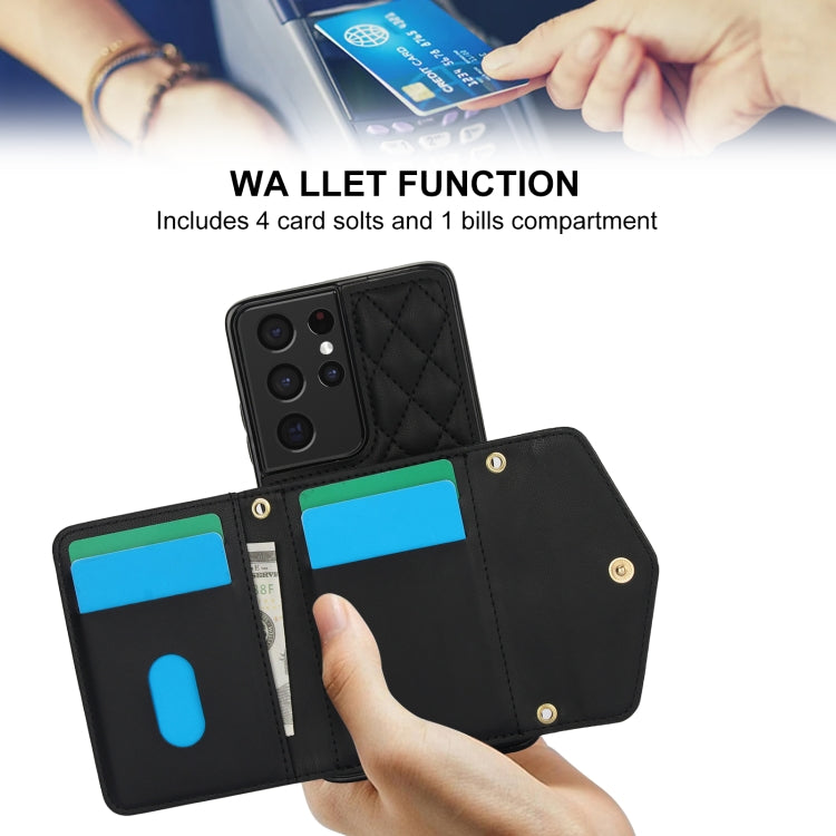 For Samsung Galaxy S21 Ultra 5G Splicing Rhombic Texture Card Bag Phone Case with Long Lanyard