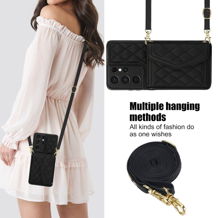 For Samsung Galaxy S21 Ultra 5G Splicing Rhombic Texture Card Bag Phone Case with Long Lanyard