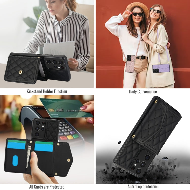 For Samsung Galaxy S21 Ultra 5G Splicing Rhombic Texture Card Bag Phone Case with Long Lanyard