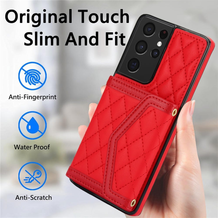 For Samsung Galaxy S21 Ultra 5G Splicing Rhombic Texture Card Bag Phone Case with Long Lanyard
