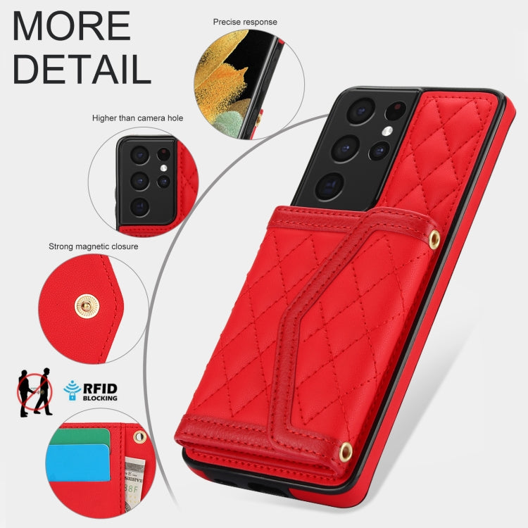 For Samsung Galaxy S21 Ultra 5G Splicing Rhombic Texture Card Bag Phone Case with Long Lanyard