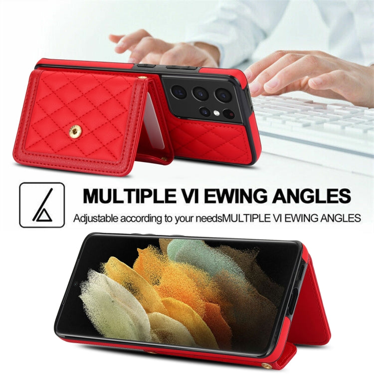 For Samsung Galaxy S21 Ultra 5G Splicing Rhombic Texture Card Bag Phone Case with Long Lanyard
