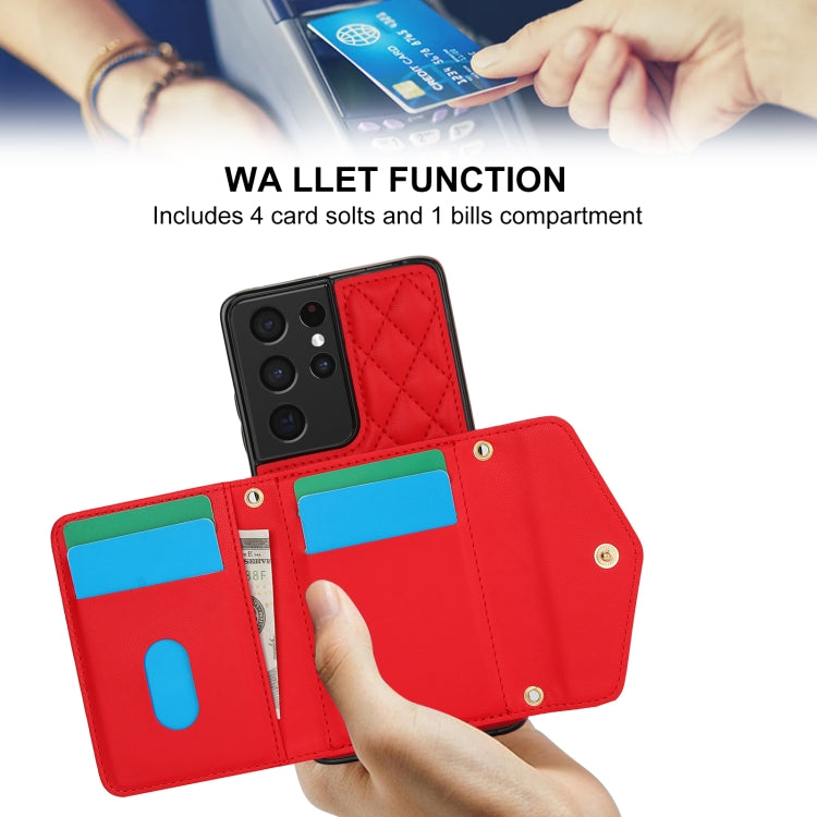 For Samsung Galaxy S21 Ultra 5G Splicing Rhombic Texture Card Bag Phone Case with Long Lanyard