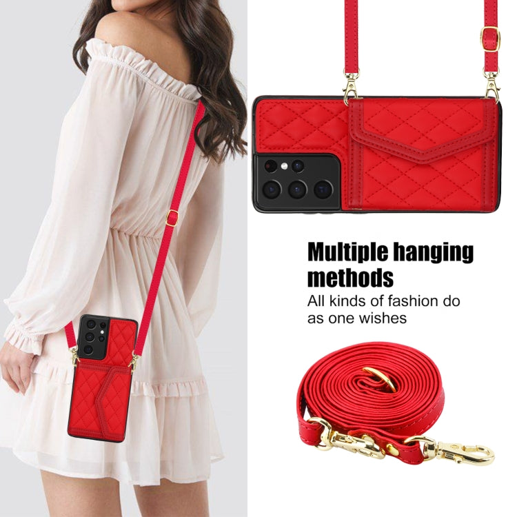 For Samsung Galaxy S21 Ultra 5G Splicing Rhombic Texture Card Bag Phone Case with Long Lanyard