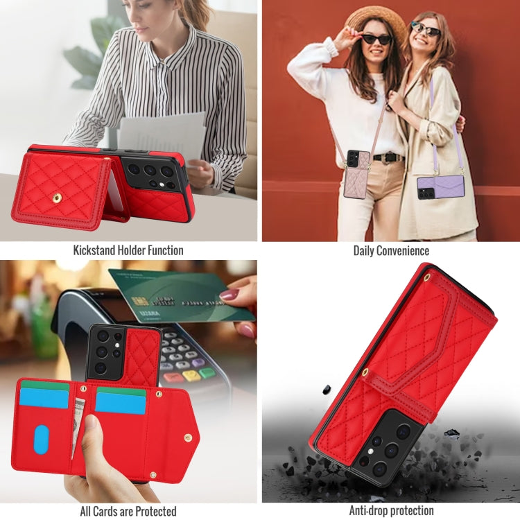 For Samsung Galaxy S21 Ultra 5G Splicing Rhombic Texture Card Bag Phone Case with Long Lanyard