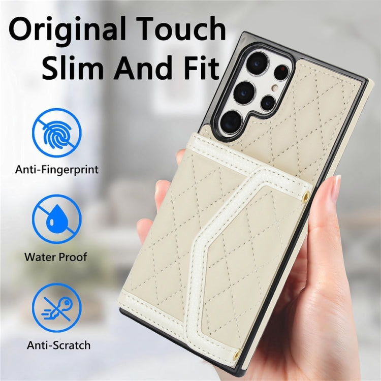 For Samsung Galaxy S22 Ultra 5G Splicing Rhombic Texture Card Bag Phone Case with Long Lanyard