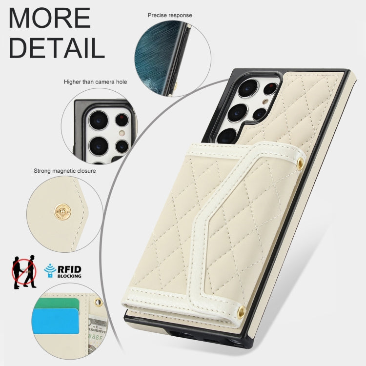 For Samsung Galaxy S22 Ultra 5G Splicing Rhombic Texture Card Bag Phone Case with Long Lanyard