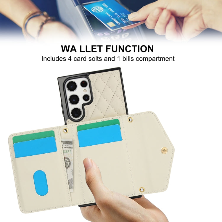For Samsung Galaxy S22 Ultra 5G Splicing Rhombic Texture Card Bag Phone Case with Long Lanyard