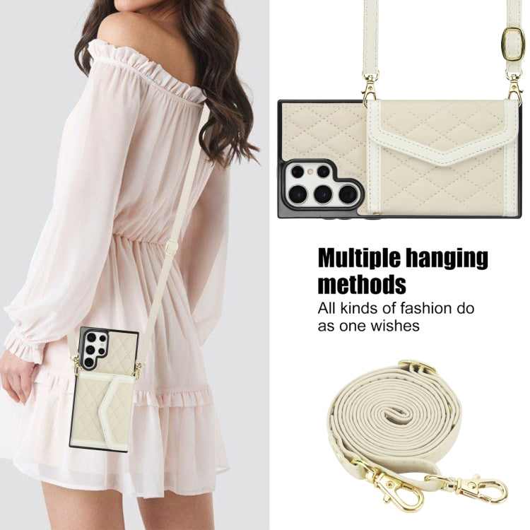 For Samsung Galaxy S22 Ultra 5G Splicing Rhombic Texture Card Bag Phone Case with Long Lanyard