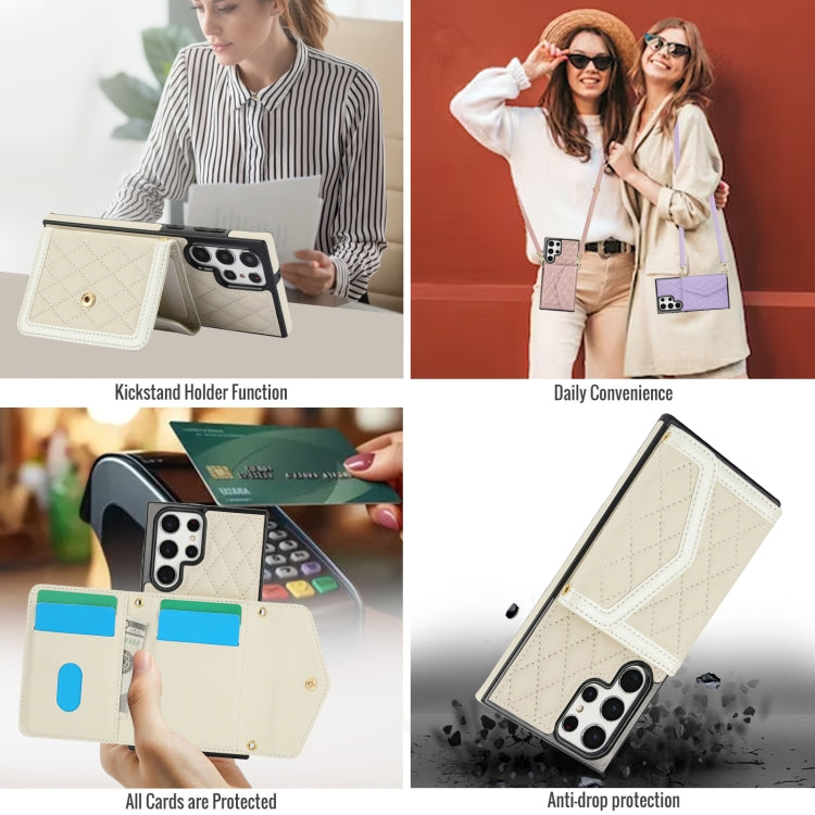 For Samsung Galaxy S22 Ultra 5G Splicing Rhombic Texture Card Bag Phone Case with Long Lanyard