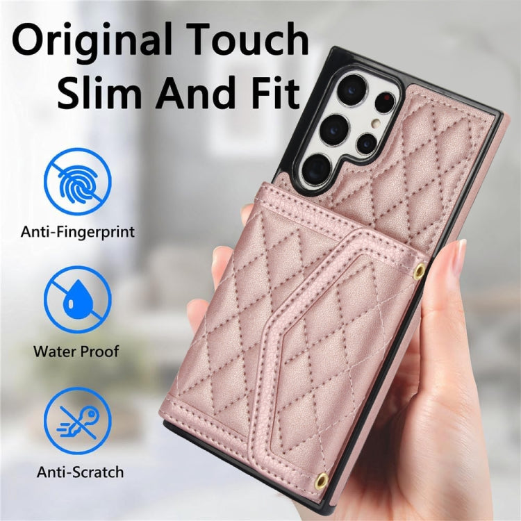 For Samsung Galaxy S22 Ultra 5G Splicing Rhombic Texture Card Bag Phone Case with Long Lanyard