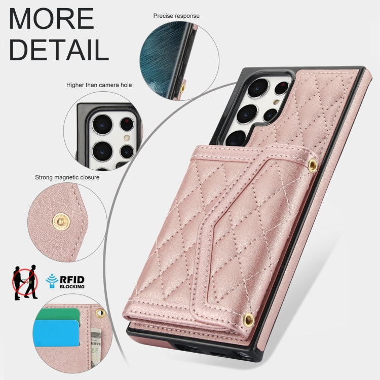 For Samsung Galaxy S22 Ultra 5G Splicing Rhombic Texture Card Bag Phone Case with Long Lanyard