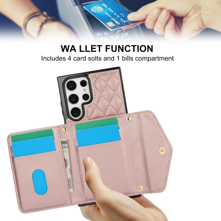 For Samsung Galaxy S22 Ultra 5G Splicing Rhombic Texture Card Bag Phone Case with Long Lanyard