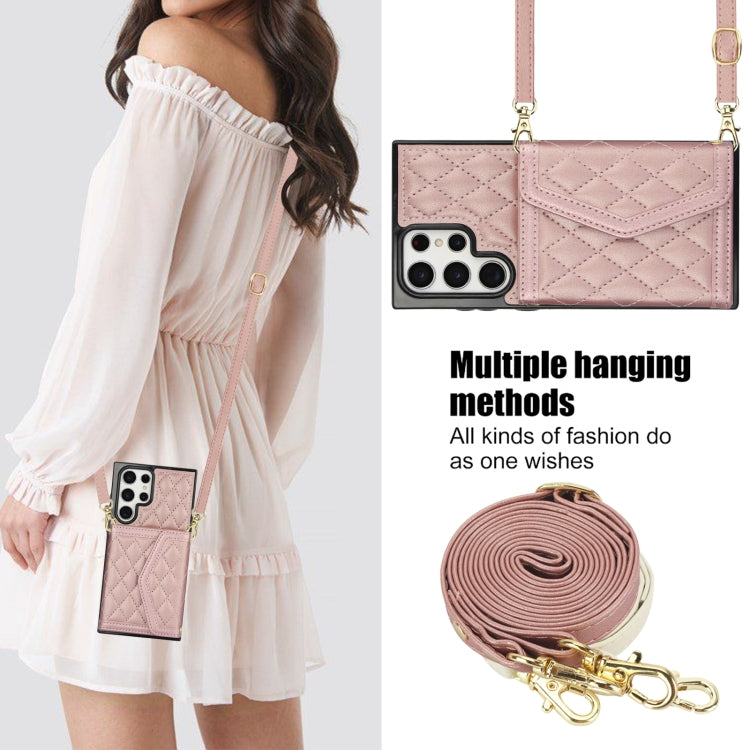 For Samsung Galaxy S22 Ultra 5G Splicing Rhombic Texture Card Bag Phone Case with Long Lanyard