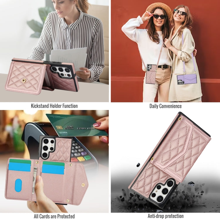 For Samsung Galaxy S22 Ultra 5G Splicing Rhombic Texture Card Bag Phone Case with Long Lanyard