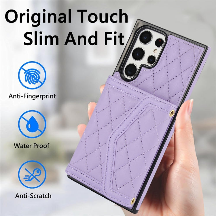 For Samsung Galaxy S22 Ultra 5G Splicing Rhombic Texture Card Bag Phone Case with Long Lanyard
