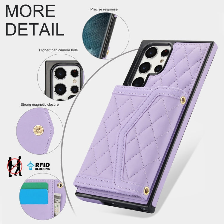 For Samsung Galaxy S22 Ultra 5G Splicing Rhombic Texture Card Bag Phone Case with Long Lanyard