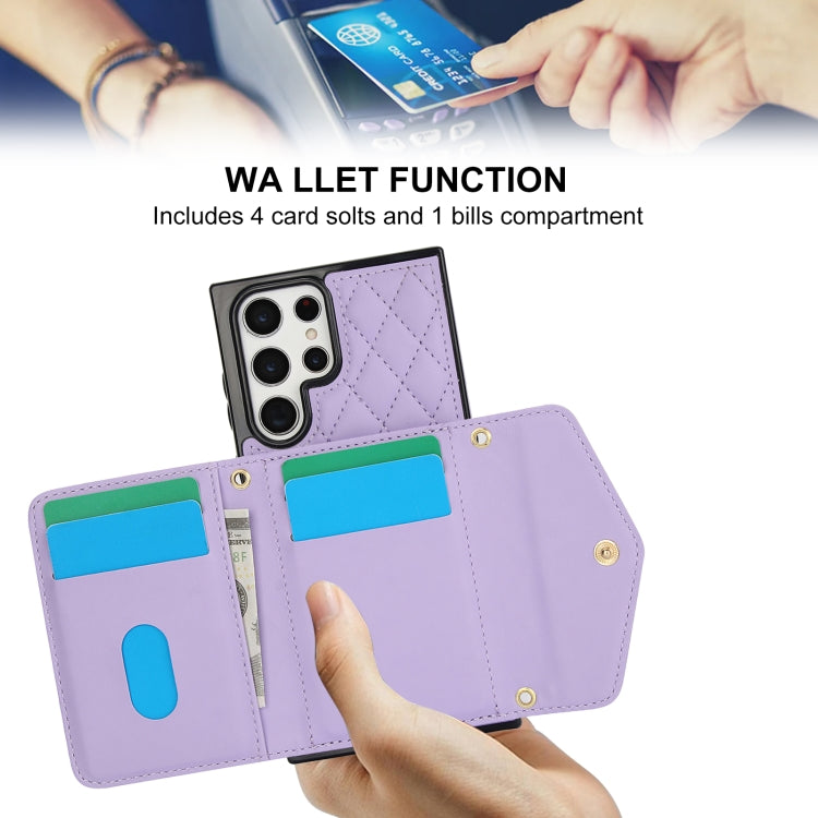 For Samsung Galaxy S22 Ultra 5G Splicing Rhombic Texture Card Bag Phone Case with Long Lanyard