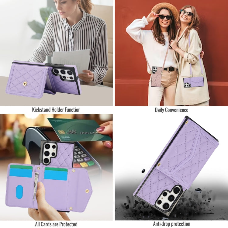 For Samsung Galaxy S22 Ultra 5G Splicing Rhombic Texture Card Bag Phone Case with Long Lanyard