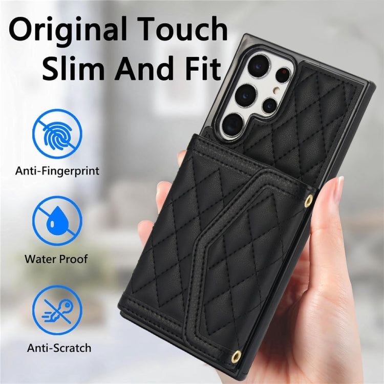 For Samsung Galaxy S22 Ultra 5G Splicing Rhombic Texture Card Bag Phone Case with Long Lanyard