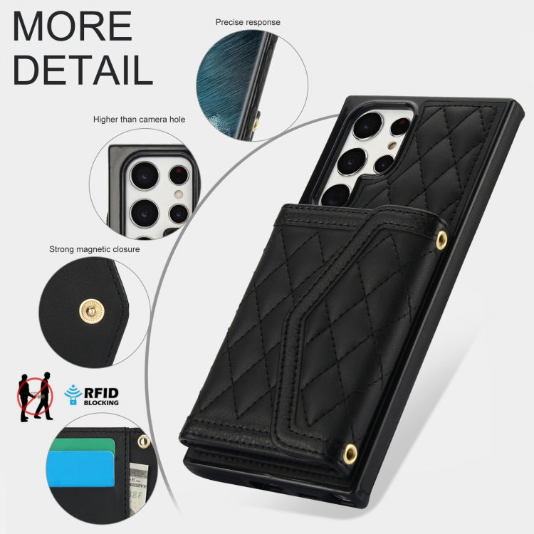 For Samsung Galaxy S22 Ultra 5G Splicing Rhombic Texture Card Bag Phone Case with Long Lanyard