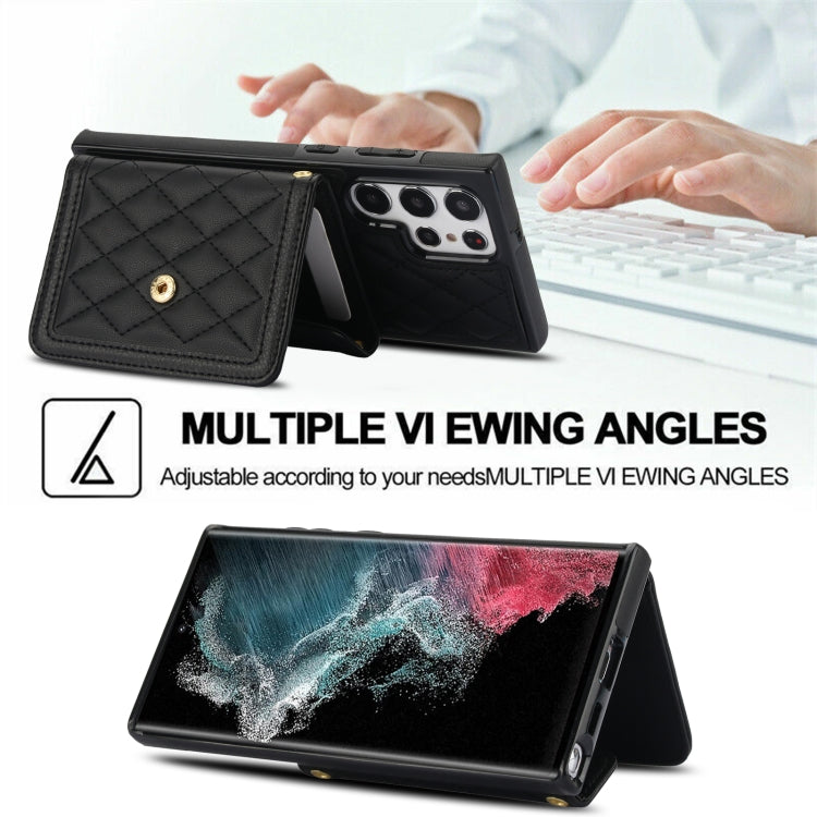 For Samsung Galaxy S22 Ultra 5G Splicing Rhombic Texture Card Bag Phone Case with Long Lanyard