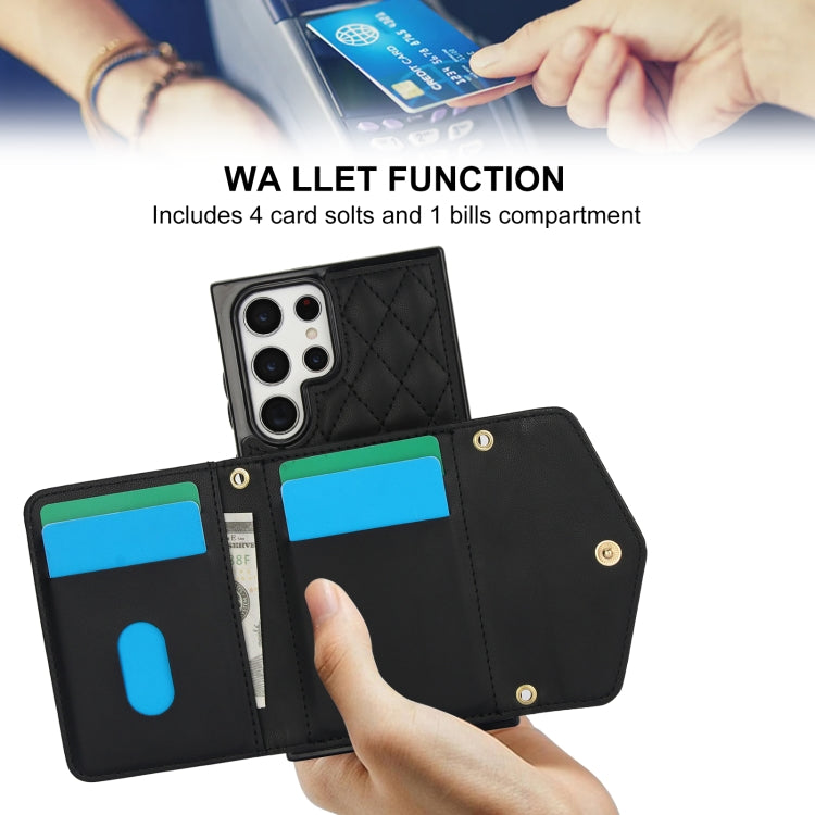 For Samsung Galaxy S22 Ultra 5G Splicing Rhombic Texture Card Bag Phone Case with Long Lanyard