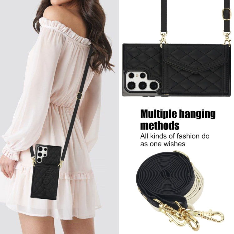 For Samsung Galaxy S22 Ultra 5G Splicing Rhombic Texture Card Bag Phone Case with Long Lanyard