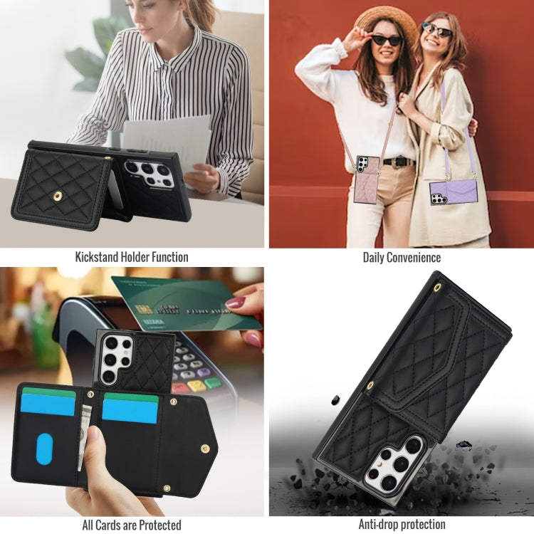 For Samsung Galaxy S22 Ultra 5G Splicing Rhombic Texture Card Bag Phone Case with Long Lanyard