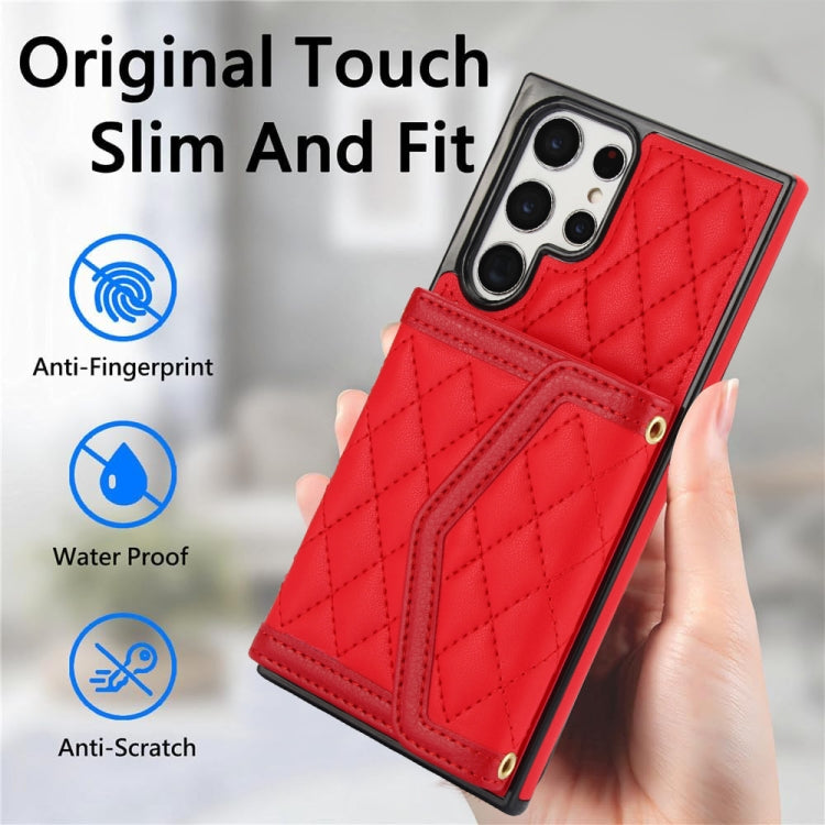 For Samsung Galaxy S22 Ultra 5G Splicing Rhombic Texture Card Bag Phone Case with Long Lanyard
