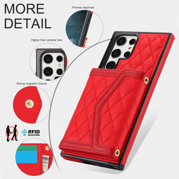 For Samsung Galaxy S22 Ultra 5G Splicing Rhombic Texture Card Bag Phone Case with Long Lanyard