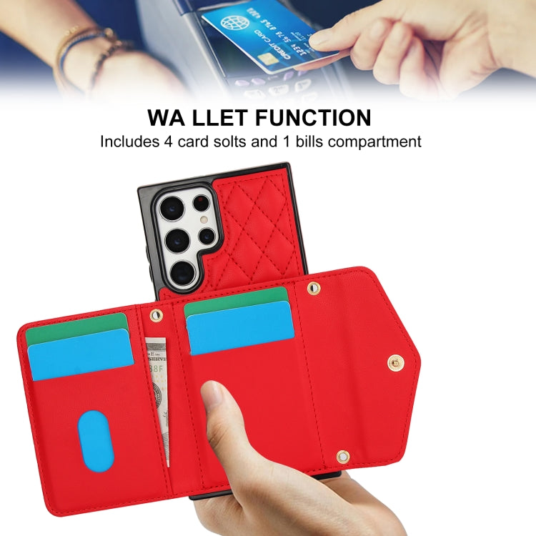 For Samsung Galaxy S22 Ultra 5G Splicing Rhombic Texture Card Bag Phone Case with Long Lanyard