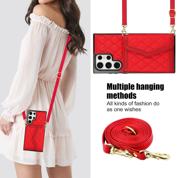For Samsung Galaxy S22 Ultra 5G Splicing Rhombic Texture Card Bag Phone Case with Long Lanyard
