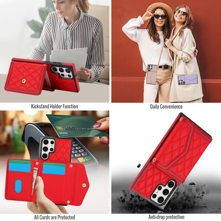 For Samsung Galaxy S22 Ultra 5G Splicing Rhombic Texture Card Bag Phone Case with Long Lanyard