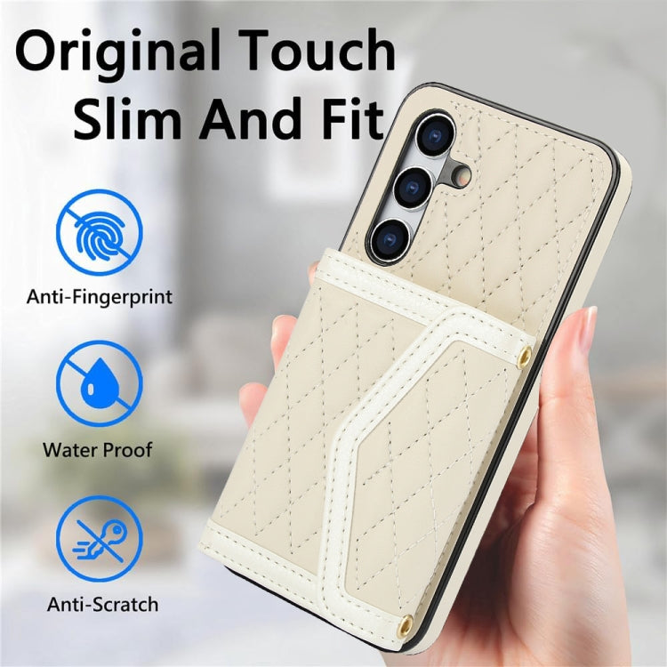 For Samsung Galaxy S24 5G Splicing Rhombic Texture Card Bag Phone Case with Long Lanyard