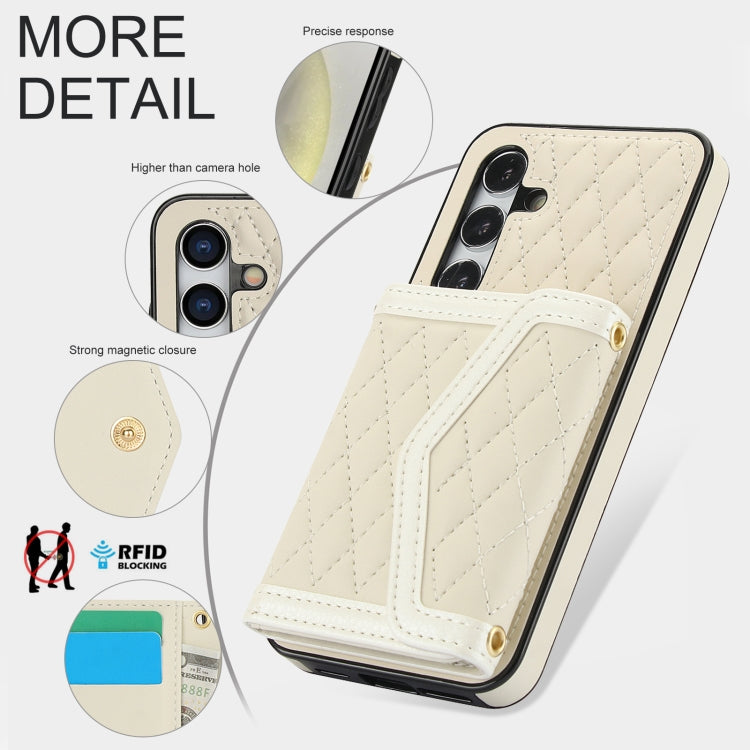 For Samsung Galaxy S24 5G Splicing Rhombic Texture Card Bag Phone Case with Long Lanyard