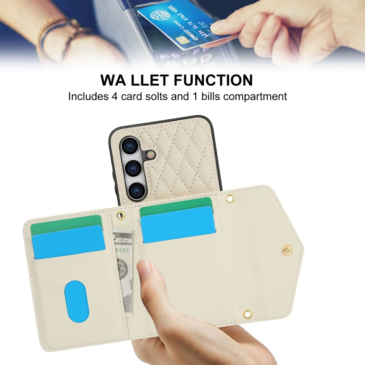For Samsung Galaxy S24 5G Splicing Rhombic Texture Card Bag Phone Case with Long Lanyard
