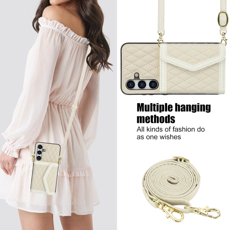 For Samsung Galaxy S24 5G Splicing Rhombic Texture Card Bag Phone Case with Long Lanyard