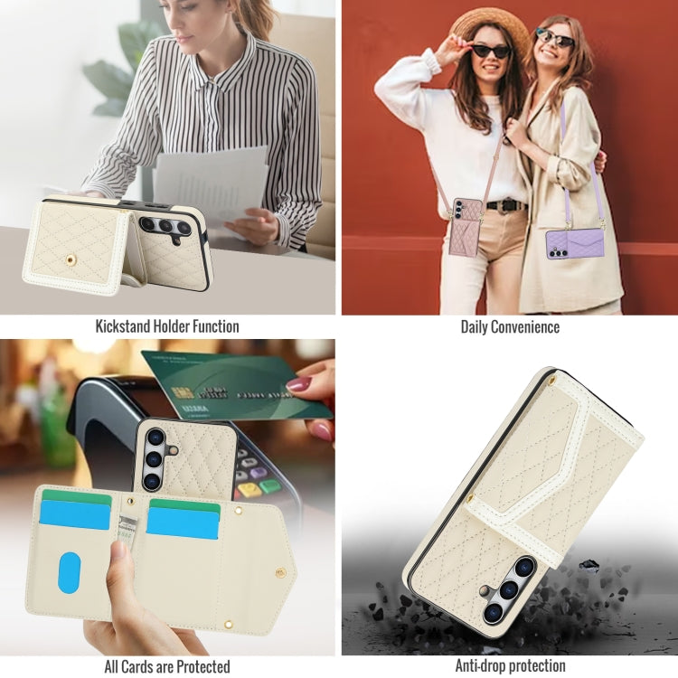 For Samsung Galaxy S24 5G Splicing Rhombic Texture Card Bag Phone Case with Long Lanyard
