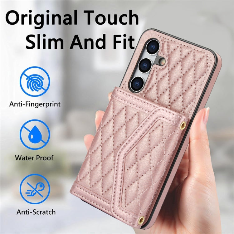 For Samsung Galaxy S24 5G Splicing Rhombic Texture Card Bag Phone Case with Long Lanyard